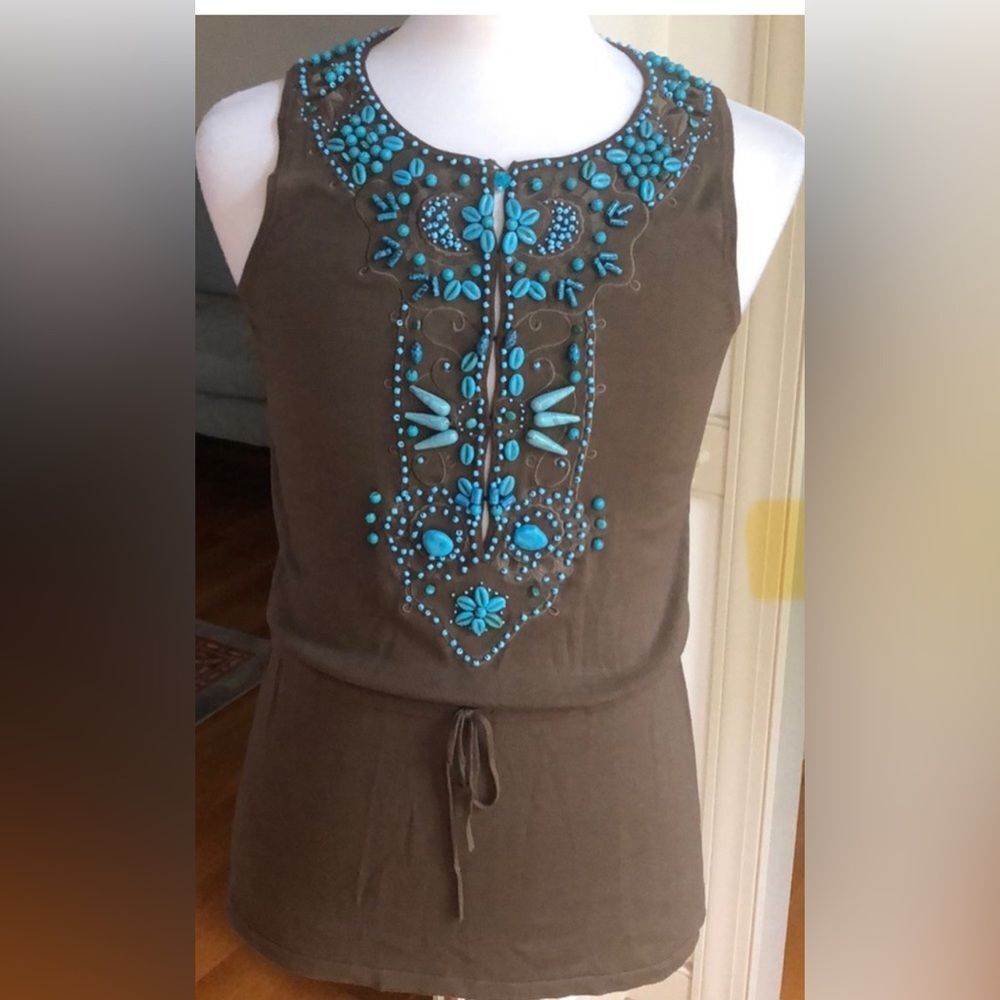 Vintage Boho Votre Nom Brown Top with Turquoise Beading, Excellent Condition